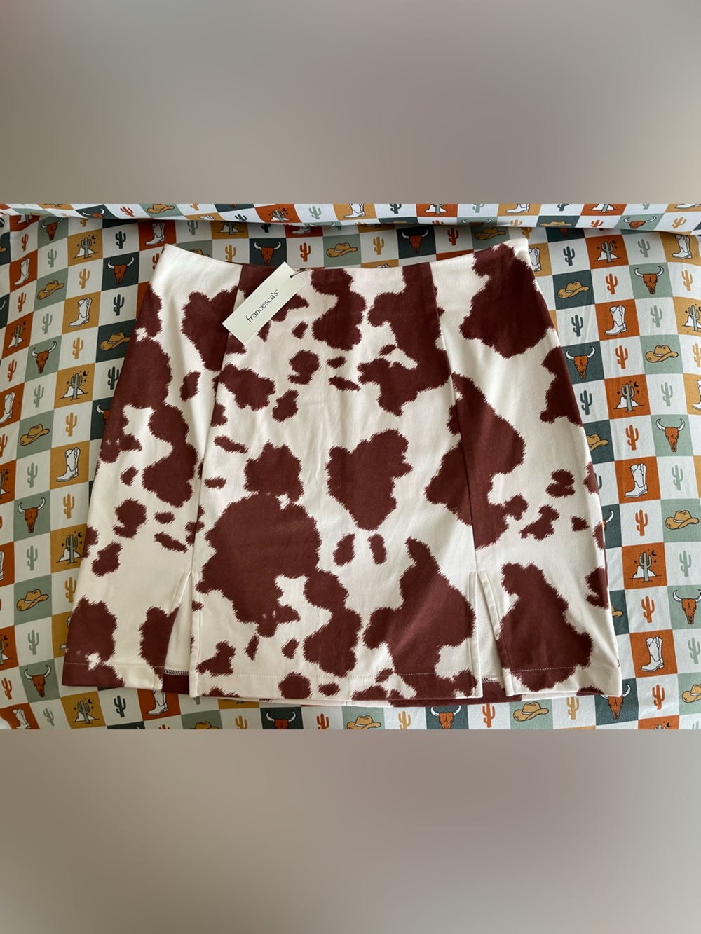 Blue Rain White Skirt with Brown Spot Print